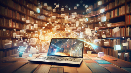 Laptop on wooden table with books in the background. Mixed mediaの素材