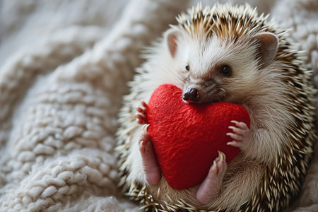 Hedgehog with a red heart on a white knitted plaidの素材