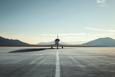 Airplane on runway at sunrise with mountains in the background, travel conceptの素材