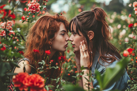 Two beautiful young women gossiping in the garden with red roses.の素材