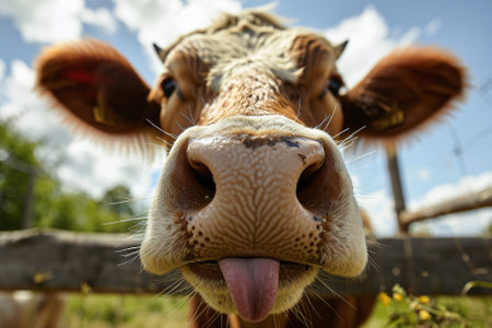 Close up of a cow's face with tongue sticking out in the meadowの素材