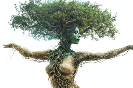 Beautiful green tree in the shape of a woman with long hairの素材