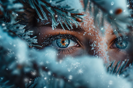 Close up of beautiful woman's eyes with snow covered pine tree branches.の素材