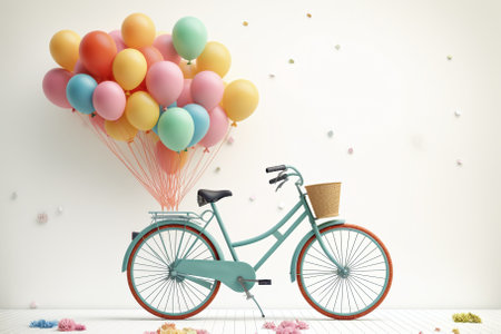 Bicycle with colorful balloons on white wall. 3D Renderingの素材