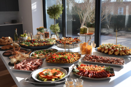 catering buffet with different food snacks and appetizers in restaurantの素材