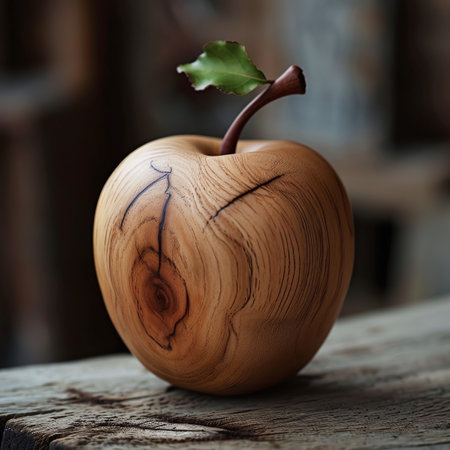 Wooden apple with a green leaf on the old wooden background.の素材