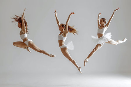 Young beautiful ballerina in white tutu and pointe shoes jumpingの素材