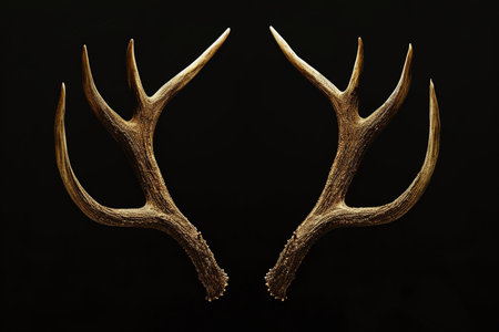 Two antlers of a stag on a black background, close-upの素材