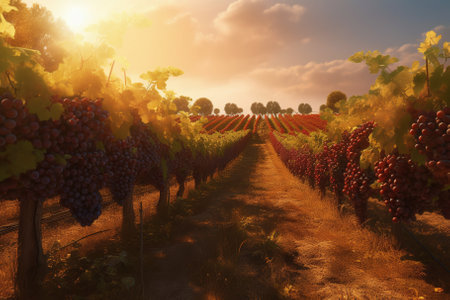 Vineyard at sunset. Ripe grapes on the vineyardsの素材