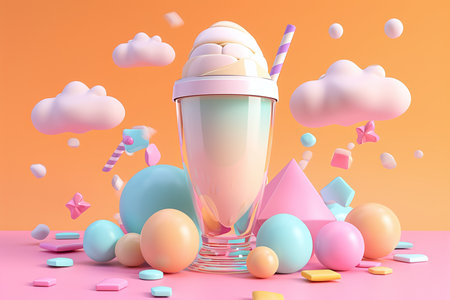 Eggs and milkshake in glass, 3d renderの素材