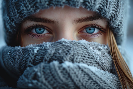 Close-up portrait of a beautiful girl with blue eyes in winter clothesの素材