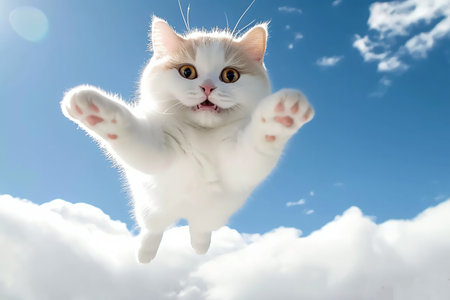 Cute cat flying in the blue sky with white cloud background.の素材