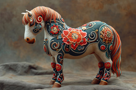 Beautiful horse made of wood with embroidery. Vintage style.の素材
