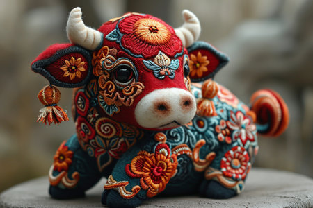 Close-up of a cute cow figurine with a floral patternの素材
