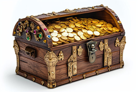 Treasure chest with gold coins isolated on white background. 3d illustrationの素材