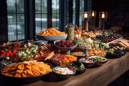 catering buffet for events with meat, vegetables and other snacksの素材
