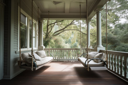 Swing on the veranda of a villa in the forestの素材