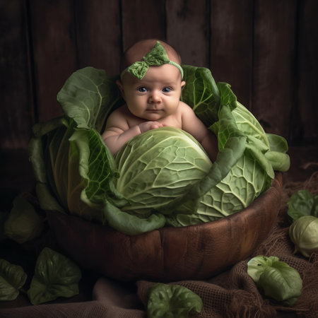 Little baby in a wooden bowl with cabbage on a wooden background.の素材