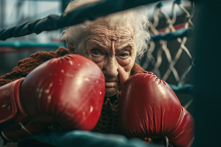 Portrait of an elderly woman with boxing gloves in the ring.の素材