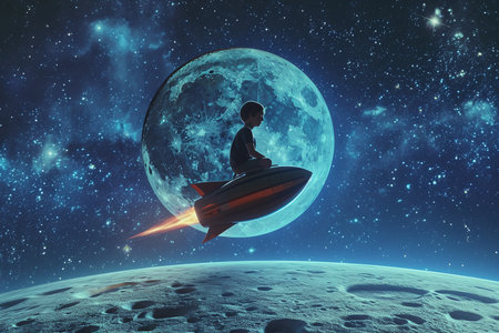 Little boy flying in space on rocket. Mixed media. Mixed mediaの素材