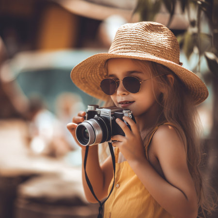 Cute little girl in hat and sunglasses is holding vintage camera and smiling while standing outdoorsの素材