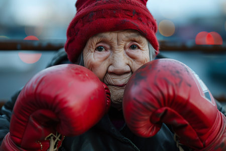 Portrait of an elderly woman with boxing gloves on the street.の素材