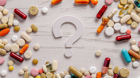 Question mark surrounded by different pills on white wooden background, top viewの素材