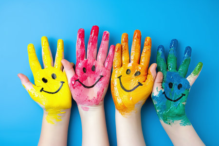 Top view of children's hands with painted smiley faces on blue backgroundの素材