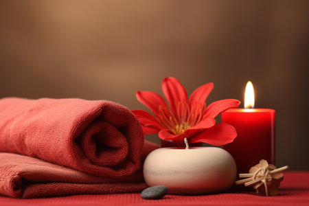 Spa still life with towels, candle and flower on brown backgroundの素材