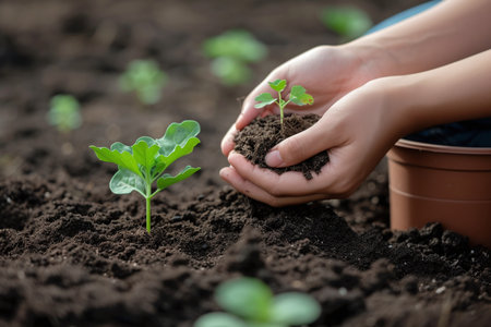 Close-up of child's hands planting seedlings in the soilの素材