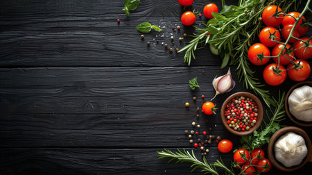 Fresh cherry tomatoes, garlic, herbs and spices on black wooden backgroundの素材