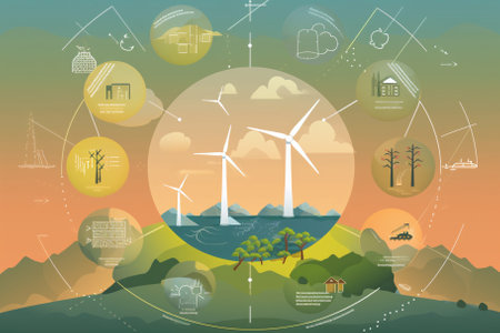 Ecology concept vector illustration. Alternative energy sources: wind turbines, solar panels, solar panels, windmills, solar panels, solar panels, wind turbines, solar panels.の素材