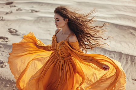 fashion outdoor photo of beautiful sensual woman with dark hair in elegant dress posing in desertの素材