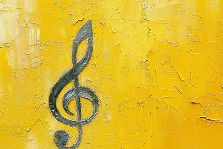 Musical note on a yellow painted wall, closeup of photoの素材