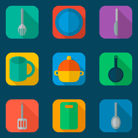 Flat icons set of kitchen utensil and collection of cookware, cooking tools and kitchenware equipment, serve meals and food preparation elements. Modern design style vector illustration poster conceptのイラスト素材