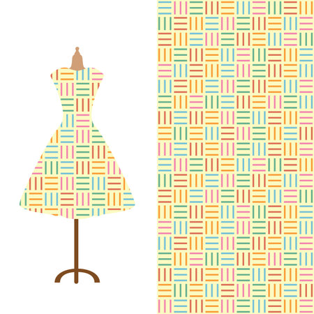 Fashion art collection, vector illustration. Vintage tailor's dummy, dress model and colorful seamless pattern for textile fabric, paper print, invitation or business card design.のイラスト素材