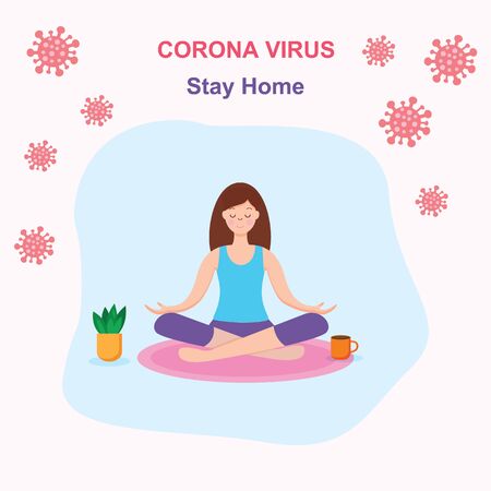 Coronavirus outbreak concept. A girl sits in a meditation pose. Covid-19 virus in air. Staying home with self quarantine.のイラスト素材