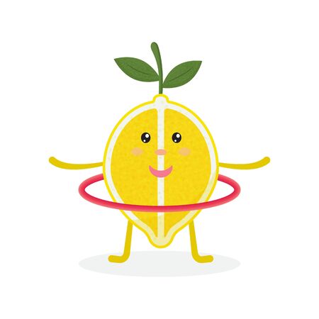 Cute lemon cartoon character doing exercises with  hoop. Eating healthy. Isolated illustration on a white background. Healthy, sportive lifestyle conceptのイラスト素材