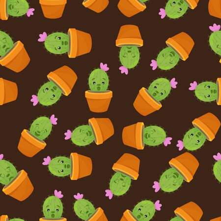 Seamless pattern with cute kawaii cactus and succulents with funny faces in pots. Vector illustrationのイラスト素材