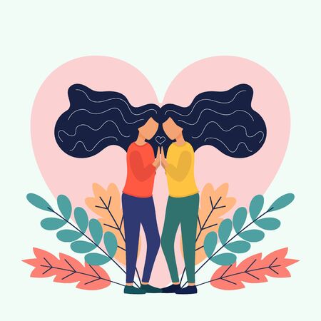 Two Sisters. flat vector illustrations of two happy twins loving and supporting each other.のイラスト素材