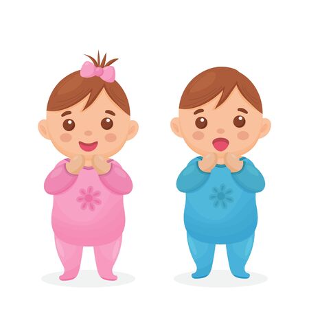 Two cute twin babies, a baby girl and a baby boyのイラスト素材