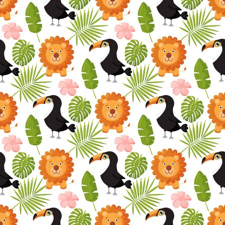 Lions, toucans and palm leaves seamless pattern. Jungle animals with tropical plants print.のイラスト素材