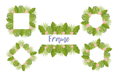 Tropical flower frame for your card design with clear space for text. Wedding template of calligraphic text with place for your names over white with flowers. Vector illustration.のイラスト素材