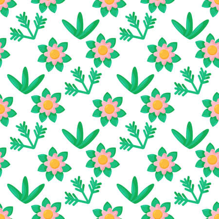 Cartoon doodle seamless pattern. bushes, leaves, flowers in Scandinavian childlike style background.のイラスト素材
