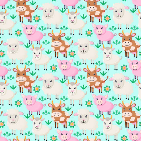 Farm animals seamless pattern. Collection of cartoon cute baby animals. goat, pig, sheep, cow.のイラスト素材