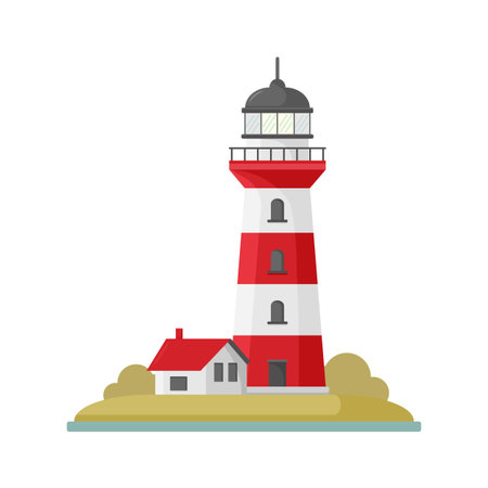 Vector cartoon flat lighthouse. Searchlight tower for maritime navigational guidance.のイラスト素材