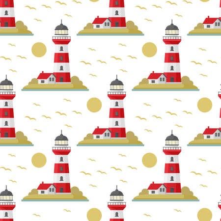 Vector sea seamless pattern with lighthouse. Blue and white seamless set. Marine background for poster, invitationsのイラスト素材
