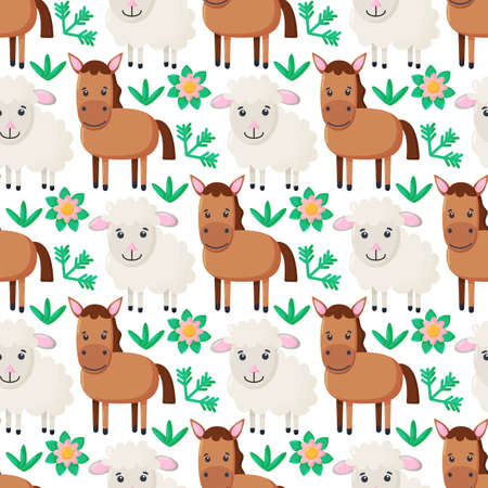 Farm animals seamless pattern. Collection of cartoon cute baby animals. sheep, horse. Flat vector illustration isolated.のイラスト素材