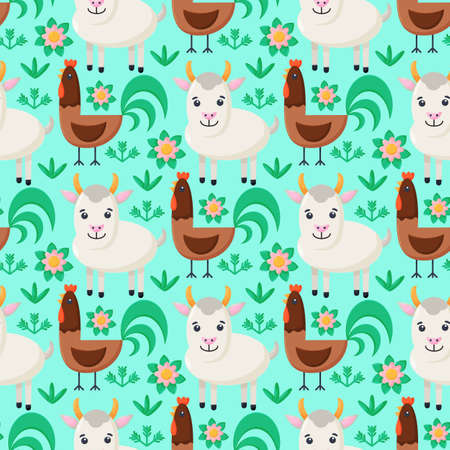 Farm animals seamless pattern. Collection of cartoon cute baby animals. Goat, cock. Flat vector illustration isolated.のイラスト素材