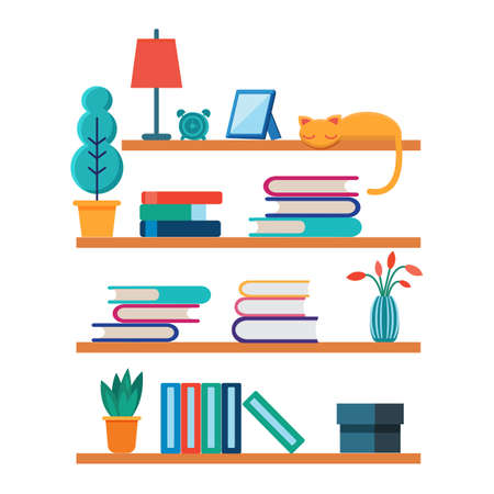 Flat bookshelves. Shelf book in room library, reading book office shelf wall interior study school bookcaseのイラスト素材